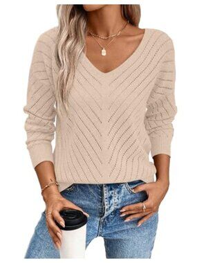 Women's V Neck Hollow Out Crochet Knit Sweater Long Sleeve Loose Fit